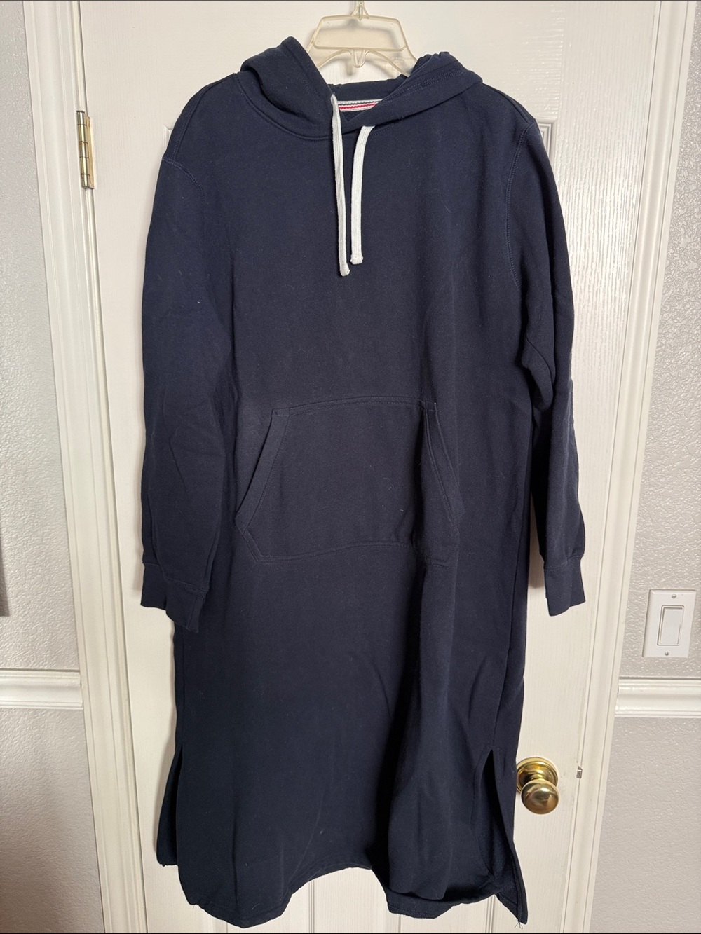 Lands' End Navy Hooded Long Sweatshirt Dress with Kangaroo Pocket